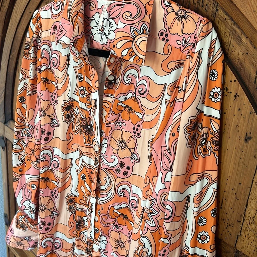 Free People Serena Printed Button Down Silky Floral Boho 70’s Top Blouse Shirt - Picture 7 of 13